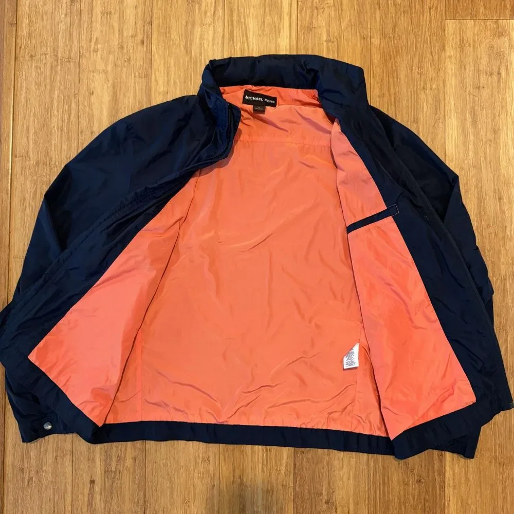 Michael Kors Navy & Orange Lightweight Windbreaker w/ Packable Hood Sz Large